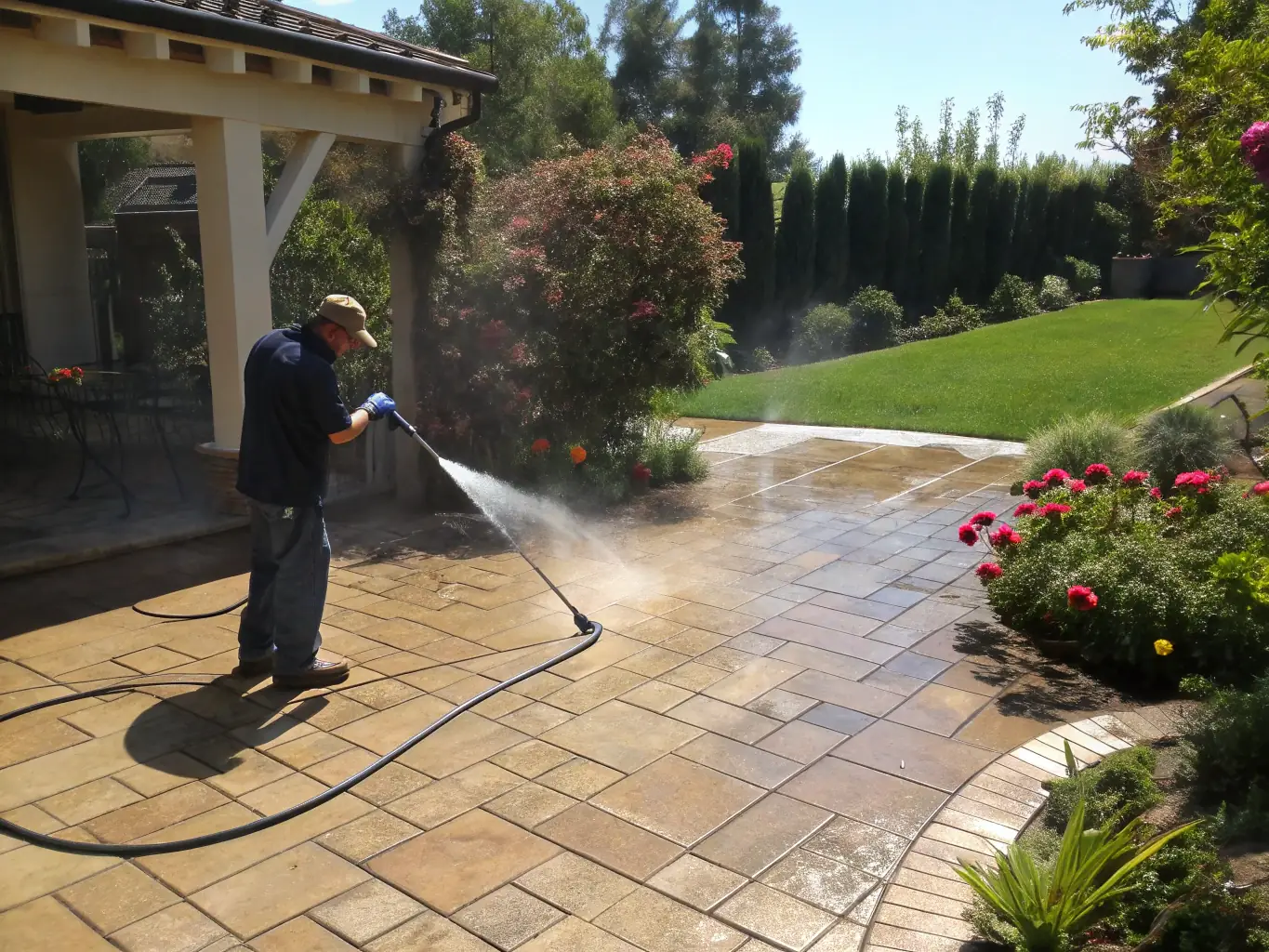A technician applying an eco-friendly cleaning solution to a concrete patio, highlighting the safety and environmental consciousness of the products used.
