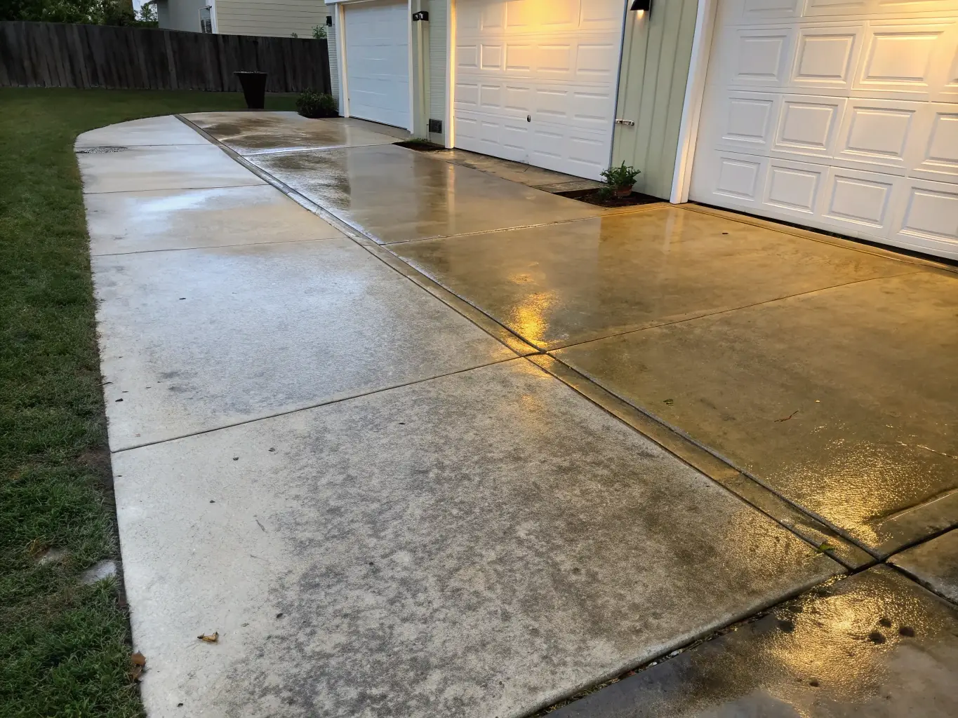 A before-and-after shot of a concrete surface, demonstrating the transformative effect of Spade Innovations' cleaning services. The 'before' side is dirty and stained, while the 'after' side is clean and bright.